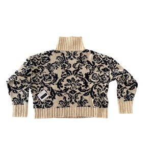 MOLKnits San Francisco Womens Damask Floral Turtleneck Sweater Cream Navy NWT